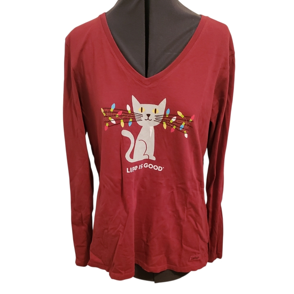 Life is Good Christmas Cat Crusher L/S Tee Size L